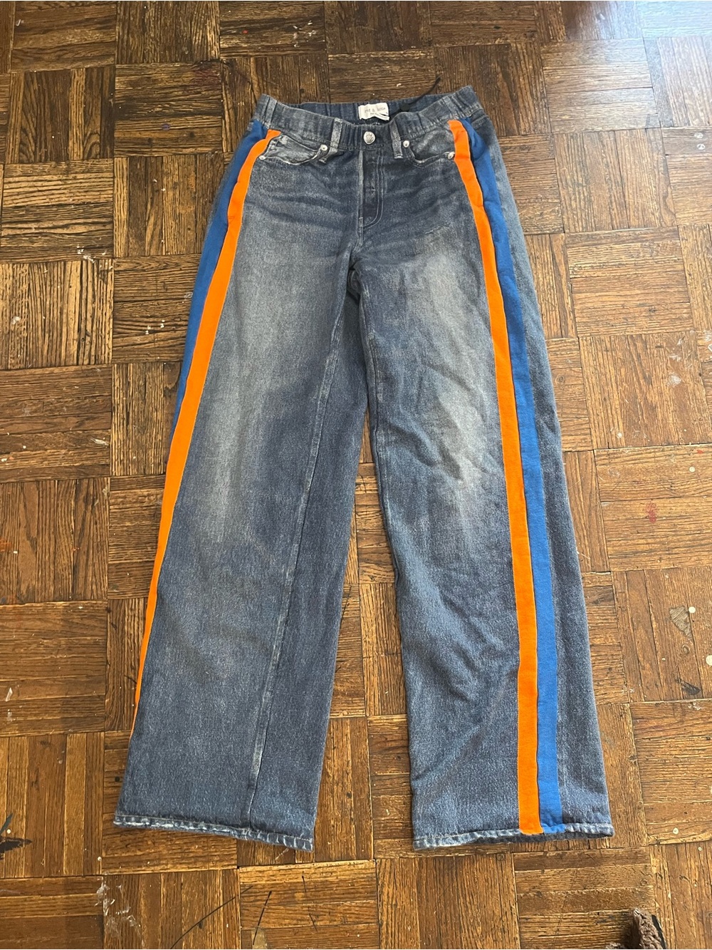 RAG AND BONE MIRAMAR Wide-Leg PULL ON Jeans with Orange & Blue Side Stripe XS, - Picture 2 of 12